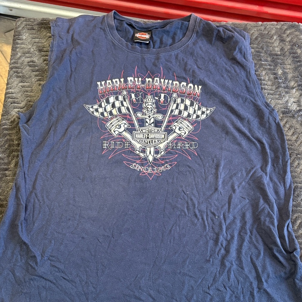 Harley-Davidson Navy Graphic Sleeveless Tank with Checkered Flag Print 2xL